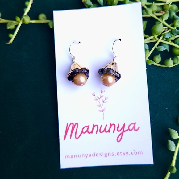 Pearl Petal Earrings - Champagne Pearl & Fluted Glass Flower | Sterling Silver - Picture 4 of 5